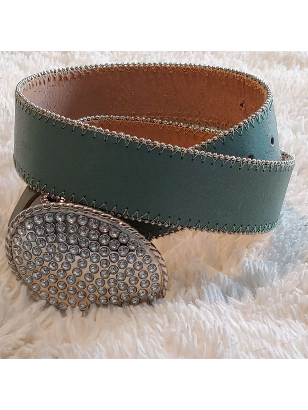 Landes Made in Canada Leather Belt Rhinestone Buckle Y2K Rockstar Boho S